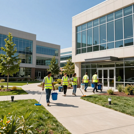 Workers in yellow safety vests clean a modern office courtyard with buckets and tools.