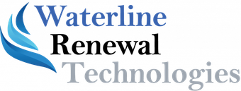 Logo of Waterline Renewal Technologies, with blue wave graphic and text.