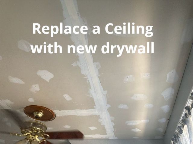 a room with a ceiling fan and the words replace a ceiling with new drywall