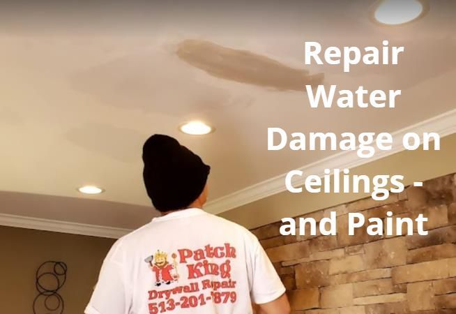 a man wearing a patch king shirt repairs water damage on ceilings and paints