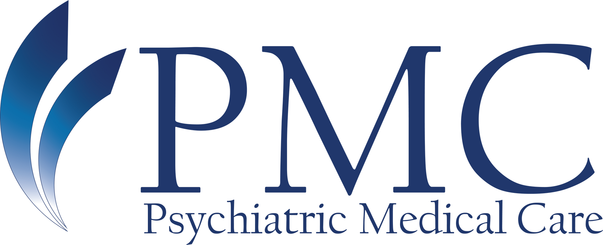 The logo for pmc psychiatric medical care is blue and white