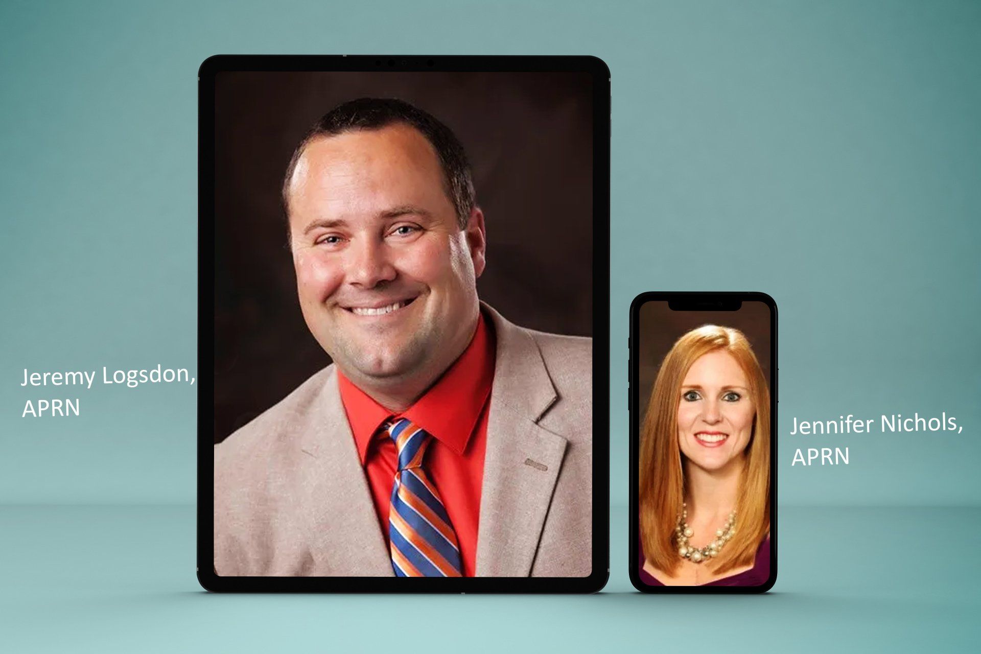 A man and a woman are standing next to each other on a tablet and phone.
