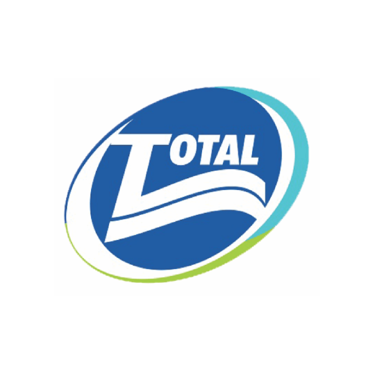 Um logotipo total azul e branco em um fundo branco