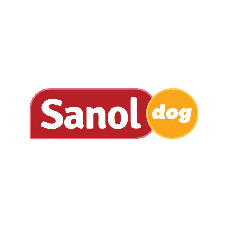 Um logotipo vermelho e amarelo para sanol dog em um fundo branco.