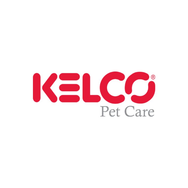Um logotipo vermelho e branco para cuidados com animais de estimação Kelco