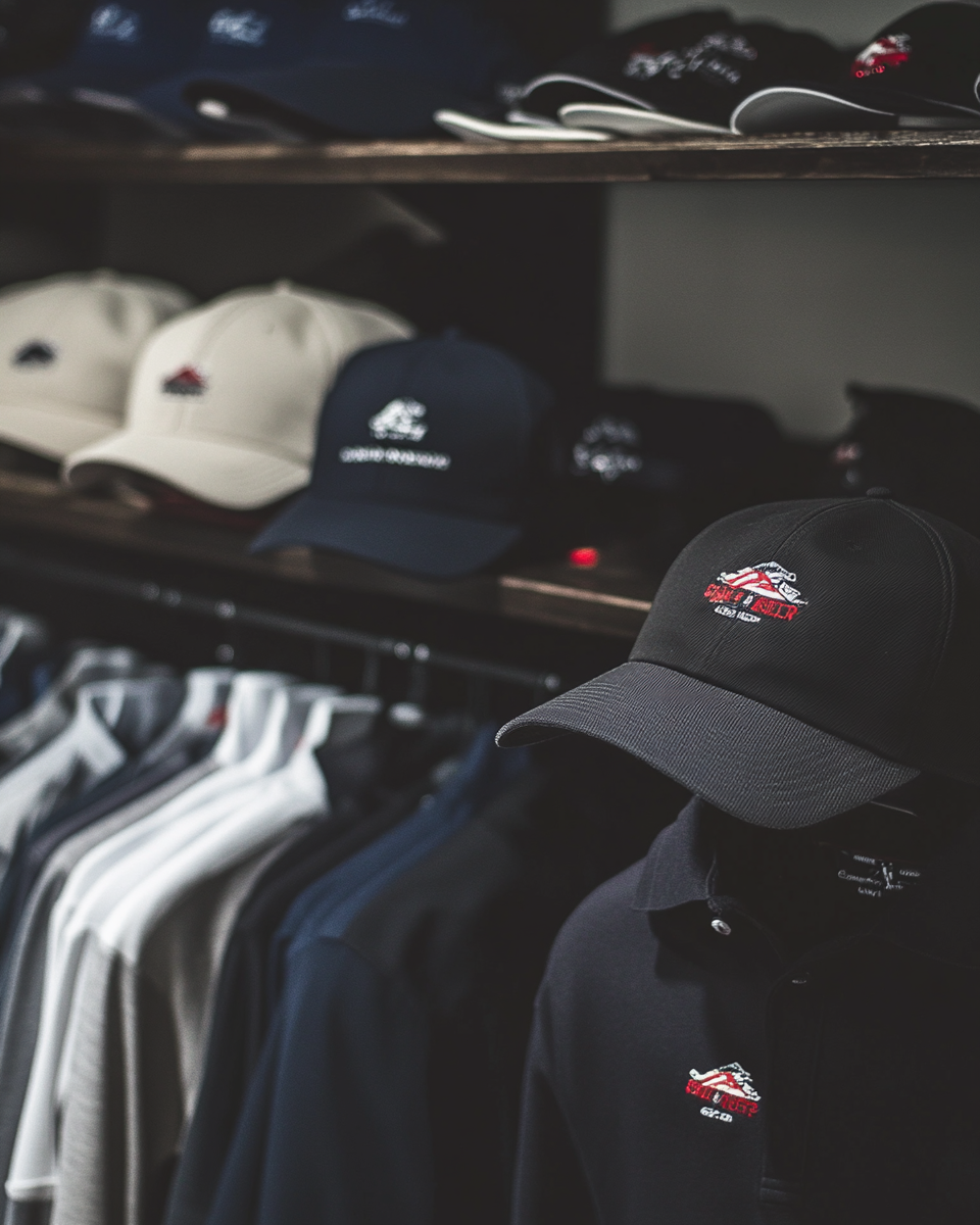 A row of hats and polo shirts are lined up on a shelf