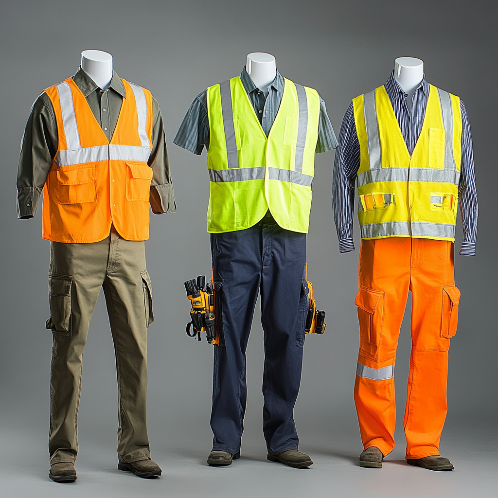 Tres maniquíes con chalecos y pantalones de seguridad están parados uno al lado del otro.