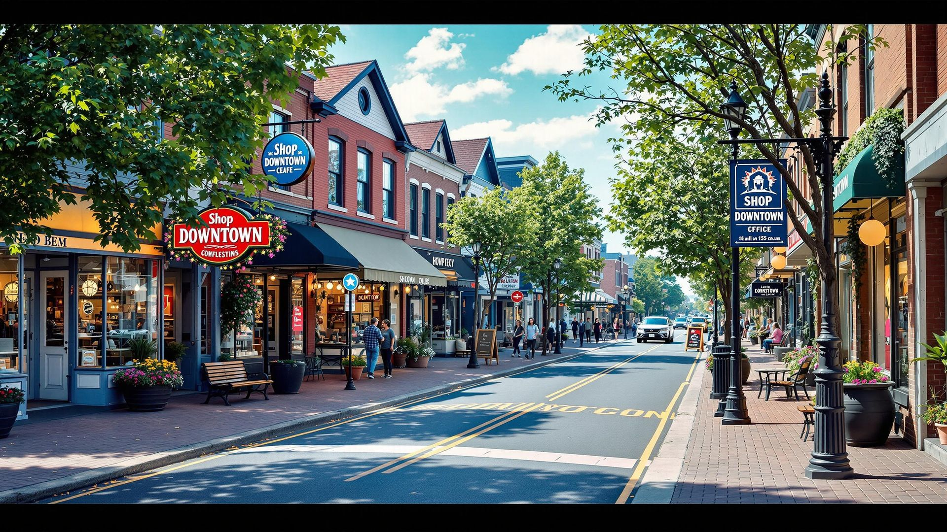 Street lined with shops and trees under a bright blue sky; people walk along the sidewalks and road.