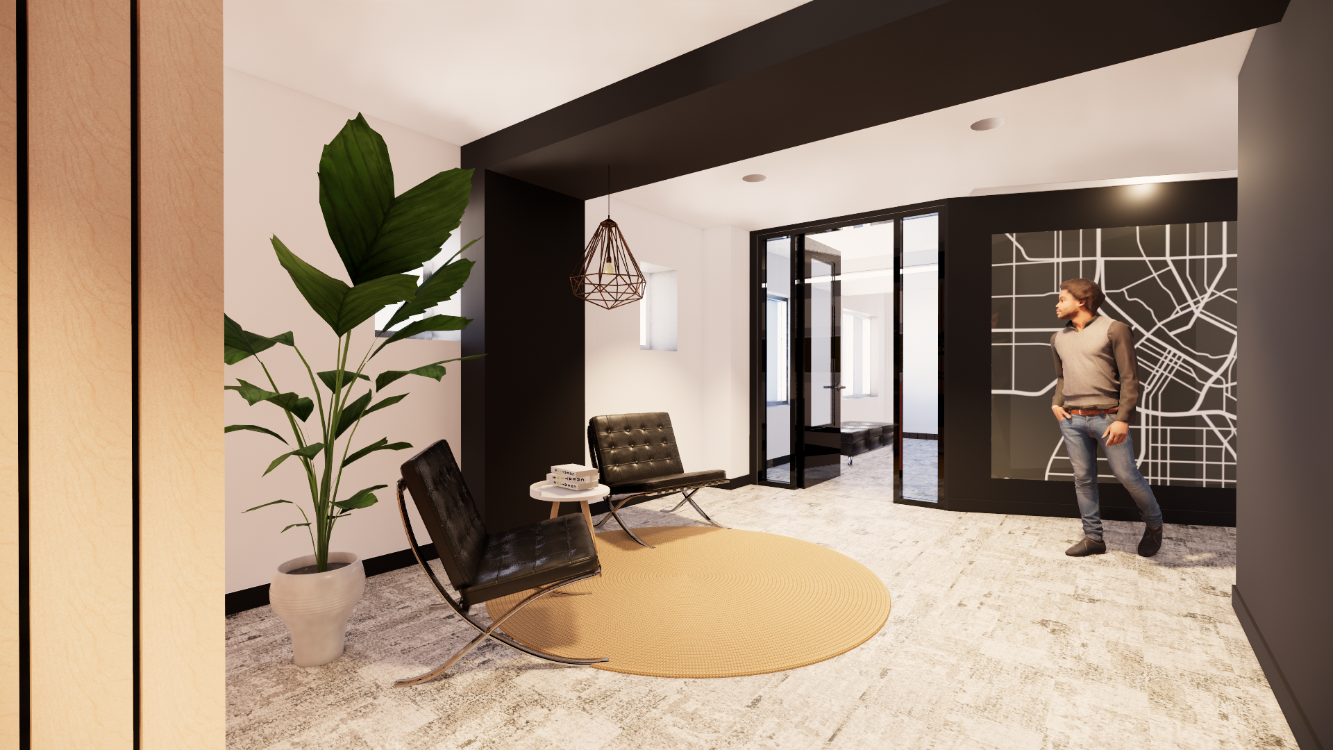 Modern, well-lit entryway with black accents, plants, seating, and a map on the wall.