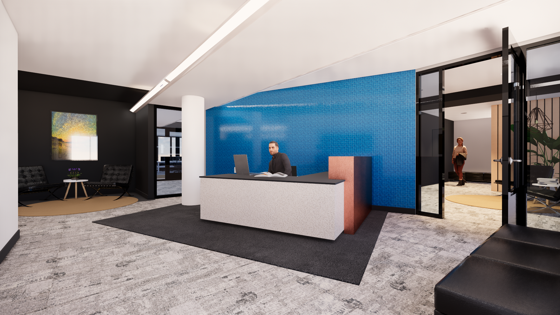 Office reception area with a blue accent wall, a white reception desk, and a person behind the desk.