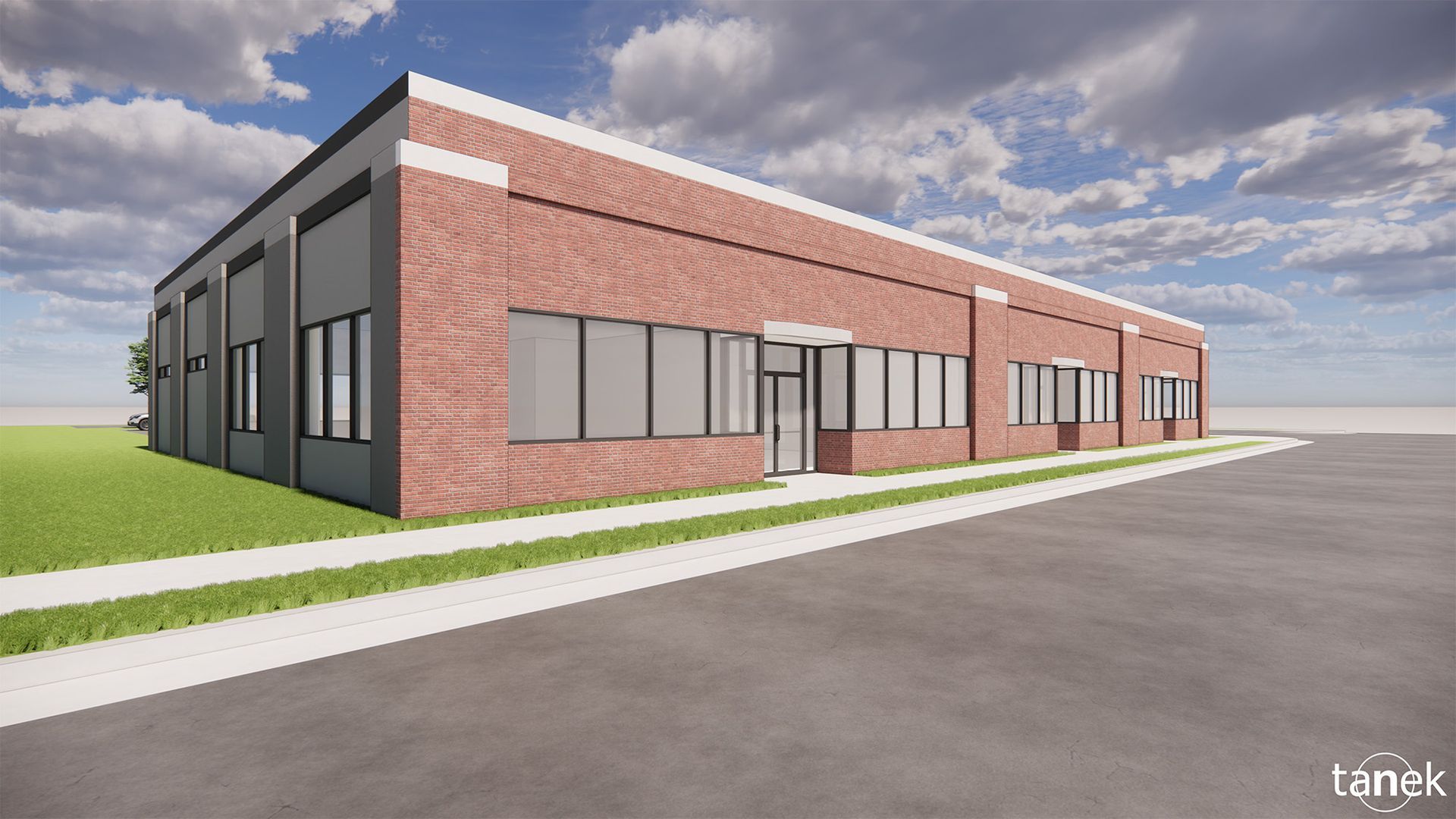 Rendering of brick industrial building with gray accents, windows, and a white trim under a blue sky.