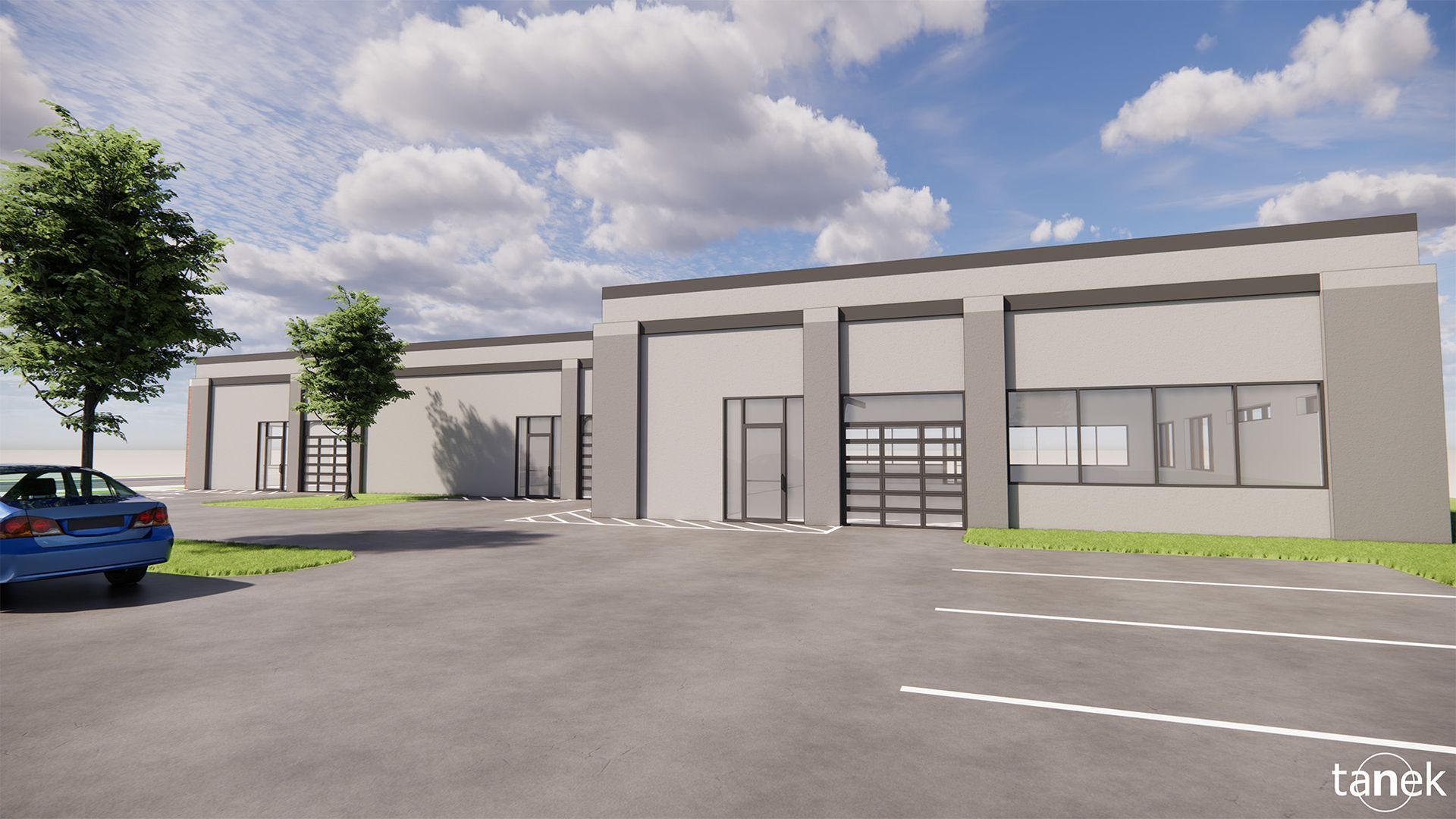 Exterior rendering of a gray commercial building with garage doors, parking lot, and trees under a blue sky.