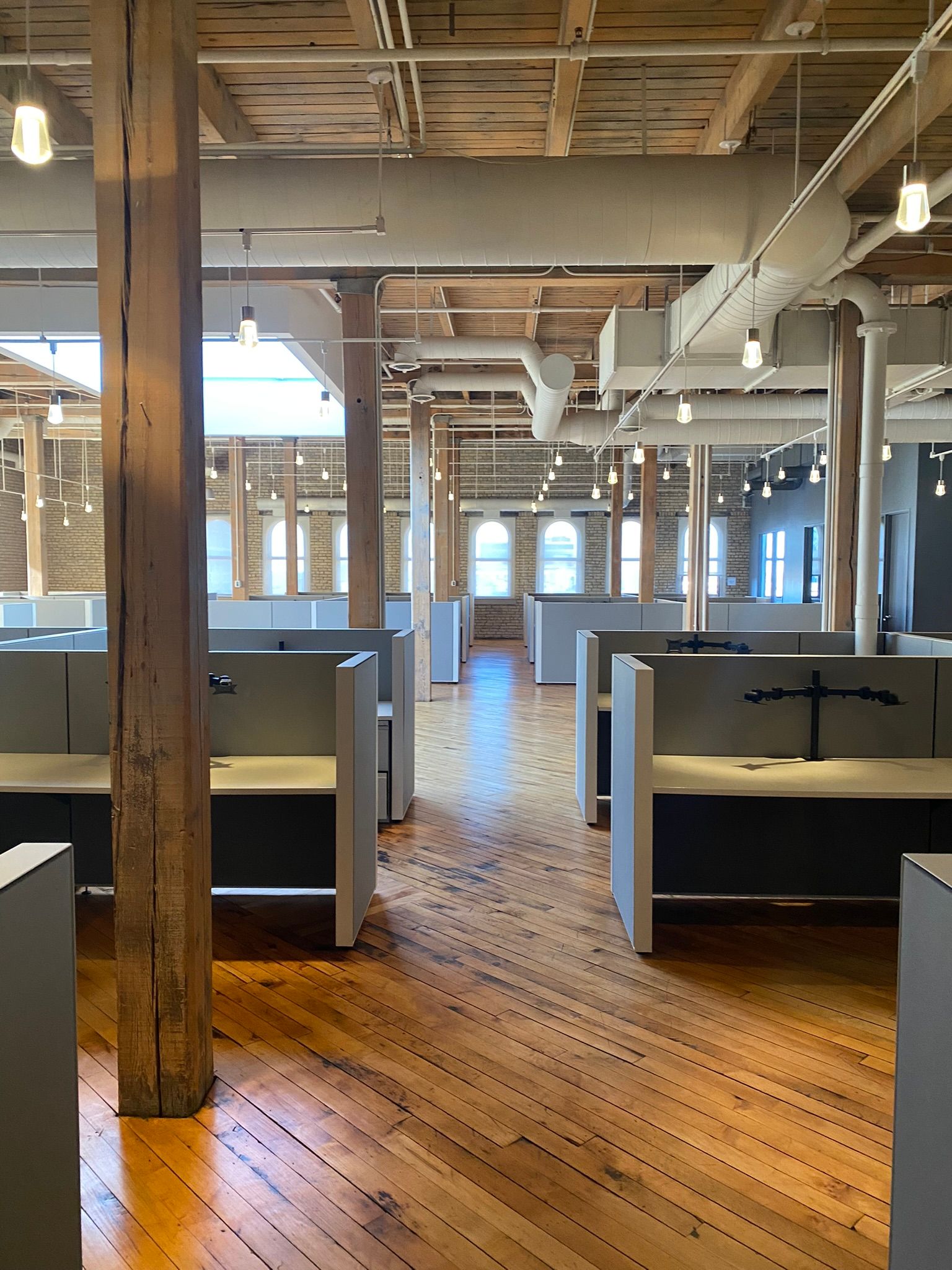 An office interior with cubicles, wooden floors, and exposed beams. Sunlight streams in through windows.