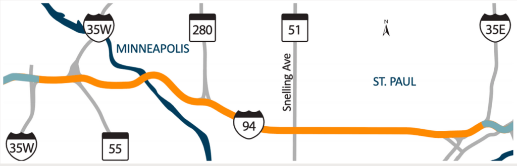 Map of Minneapolis/St. Paul area; highlights Interstate 94 in orange, and highways 280 and 51.