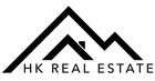 Black and white logo: Stylized mountain range with a house shape and the text "HK REAL ESTATE" below.