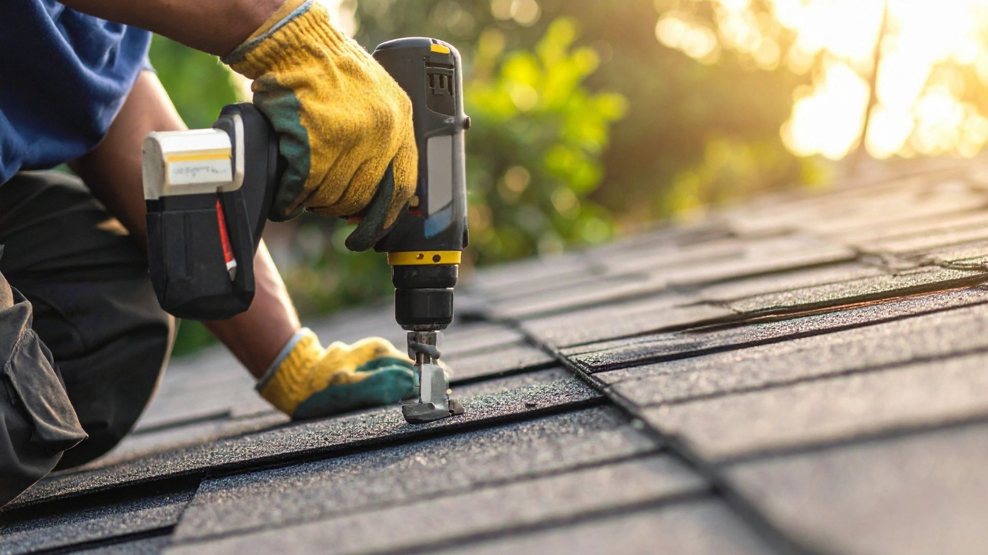 Worker using drill to secure shingles during residential roof installation process.