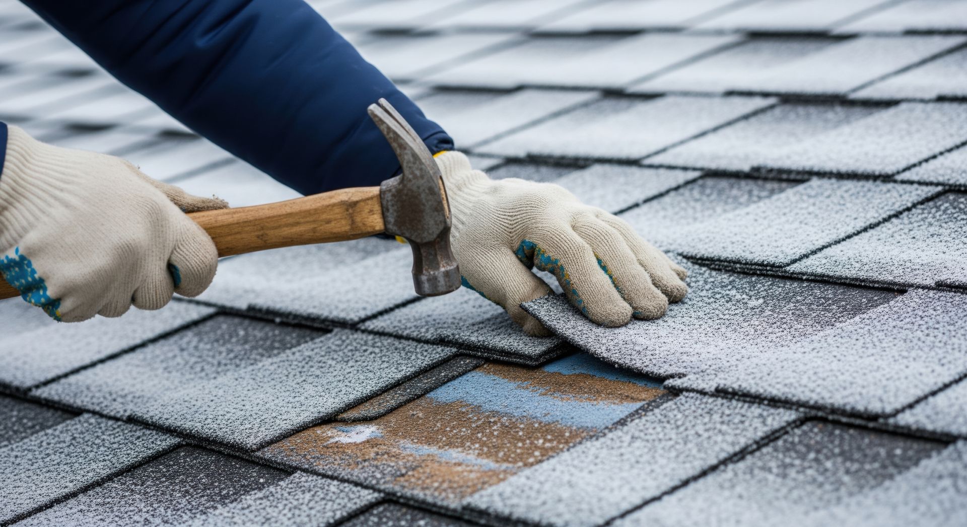 Close-up of a local roofing contractor repairing damaged roof shingles for a homeowner.