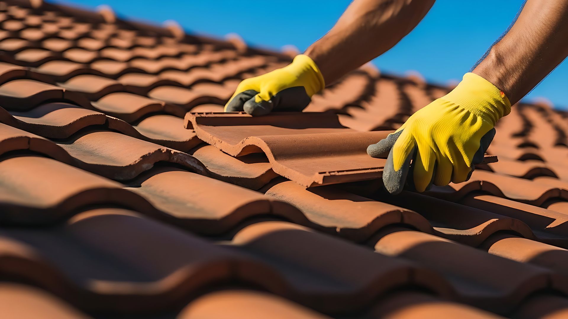 A skilled local roofing contractor installing durable terracotta clay tiles on a sunny day.