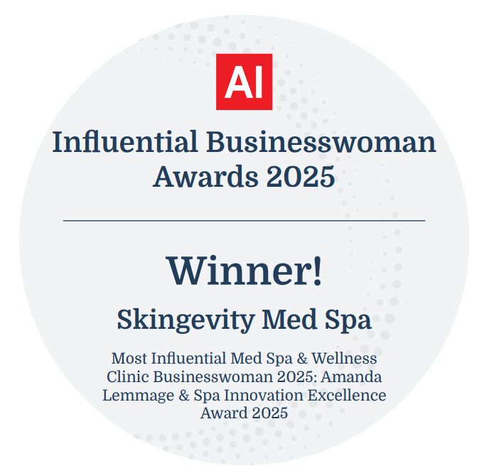 A sticker that says influential businesswoman awards 2025 winner, Skingevity Med Spa A sticker that says influential businesswoman awards 2025 winner, Skingevity Med Spa