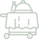 A line drawing of a trolley with a tray and a bottle on it.