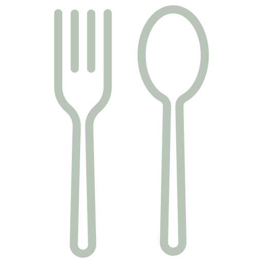 A fork and spoon icon on a white background.