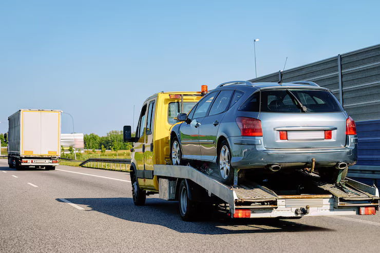 A blue car being towed on a flatbed tow truck on a highway under a blue sky.