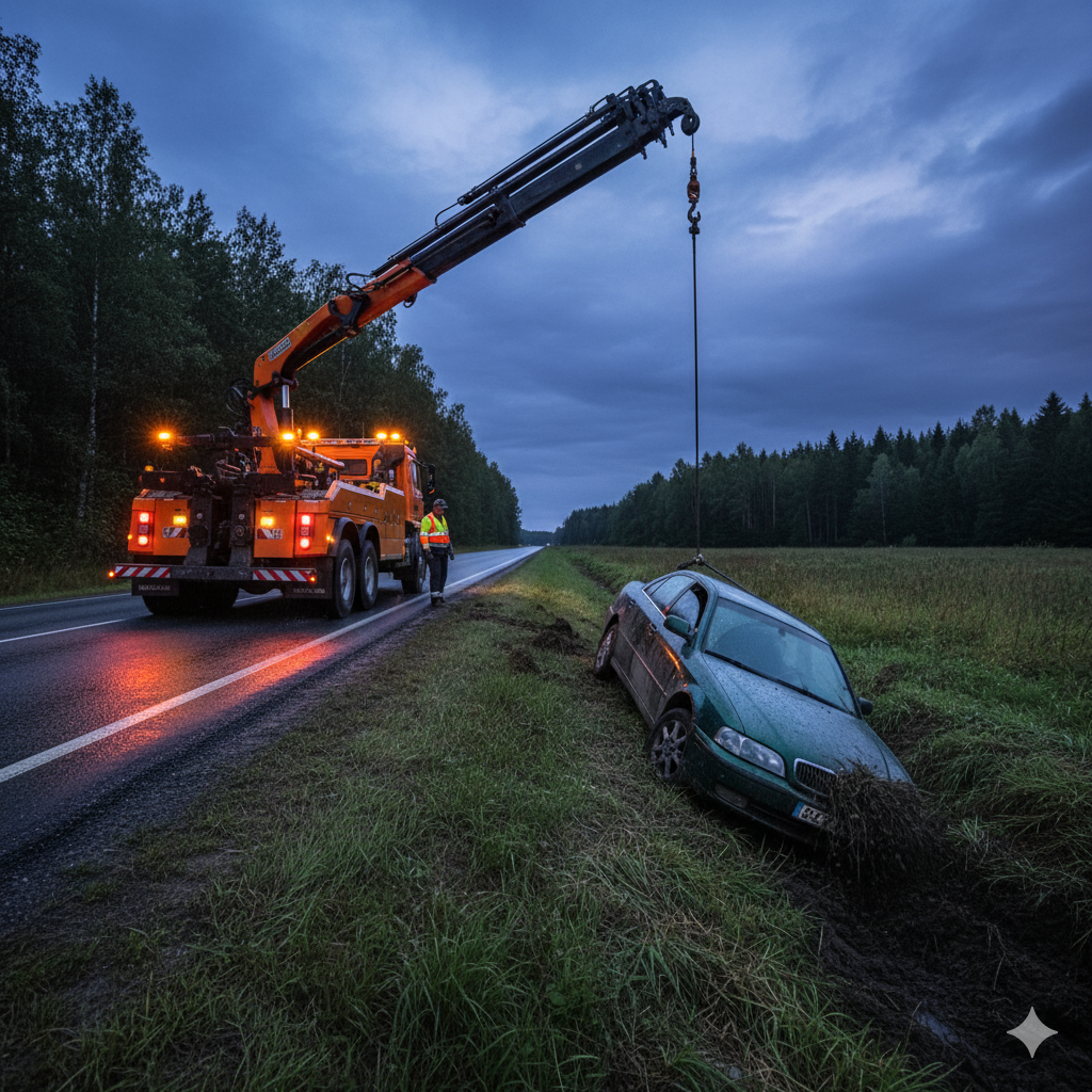 Tow truck lifting a green car out of a ditch on a roadside at dusk.