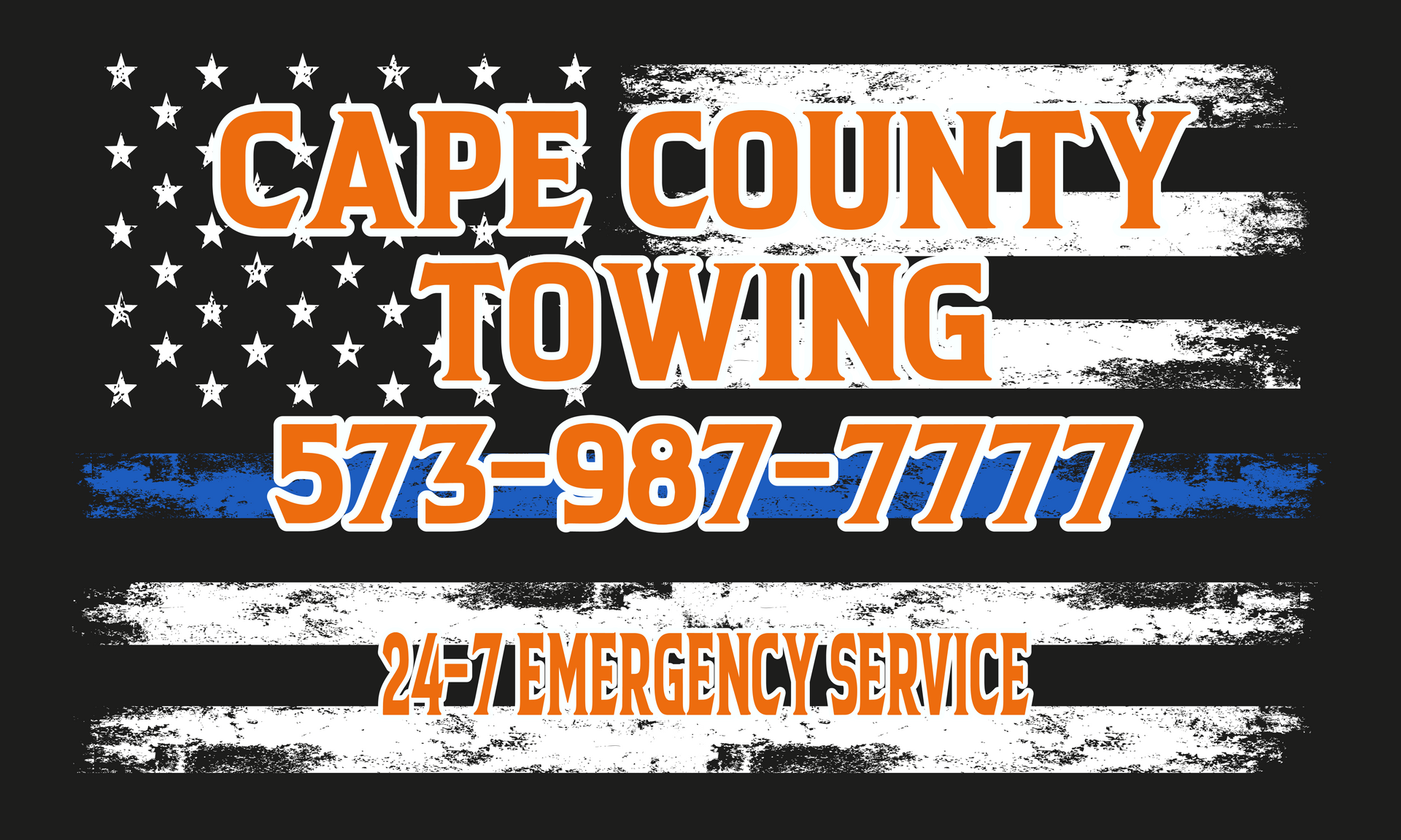 Cape County Towing logo: Orange text on an American flag design with a blue line, phone number 573-987-7777, and 24/7 emergency service.