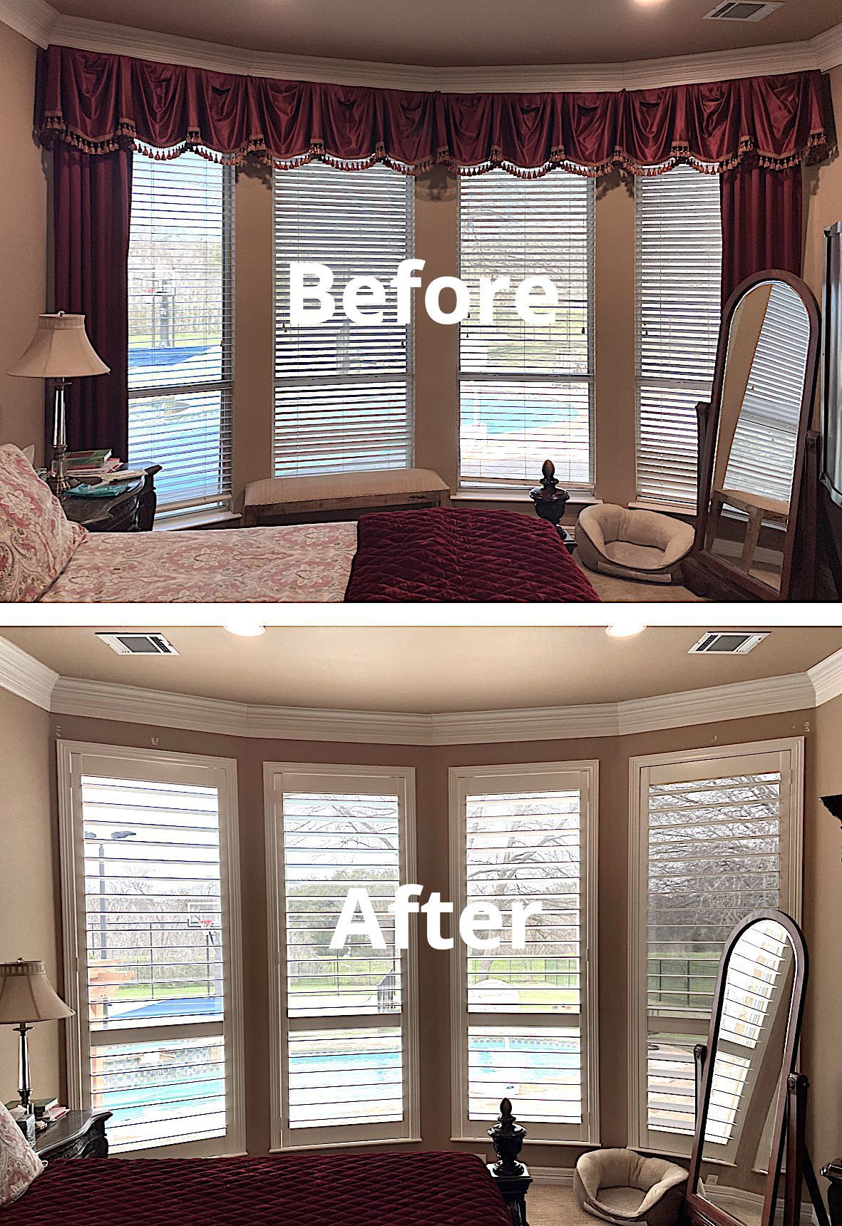 Living room bay window plantation shutters in Austin home