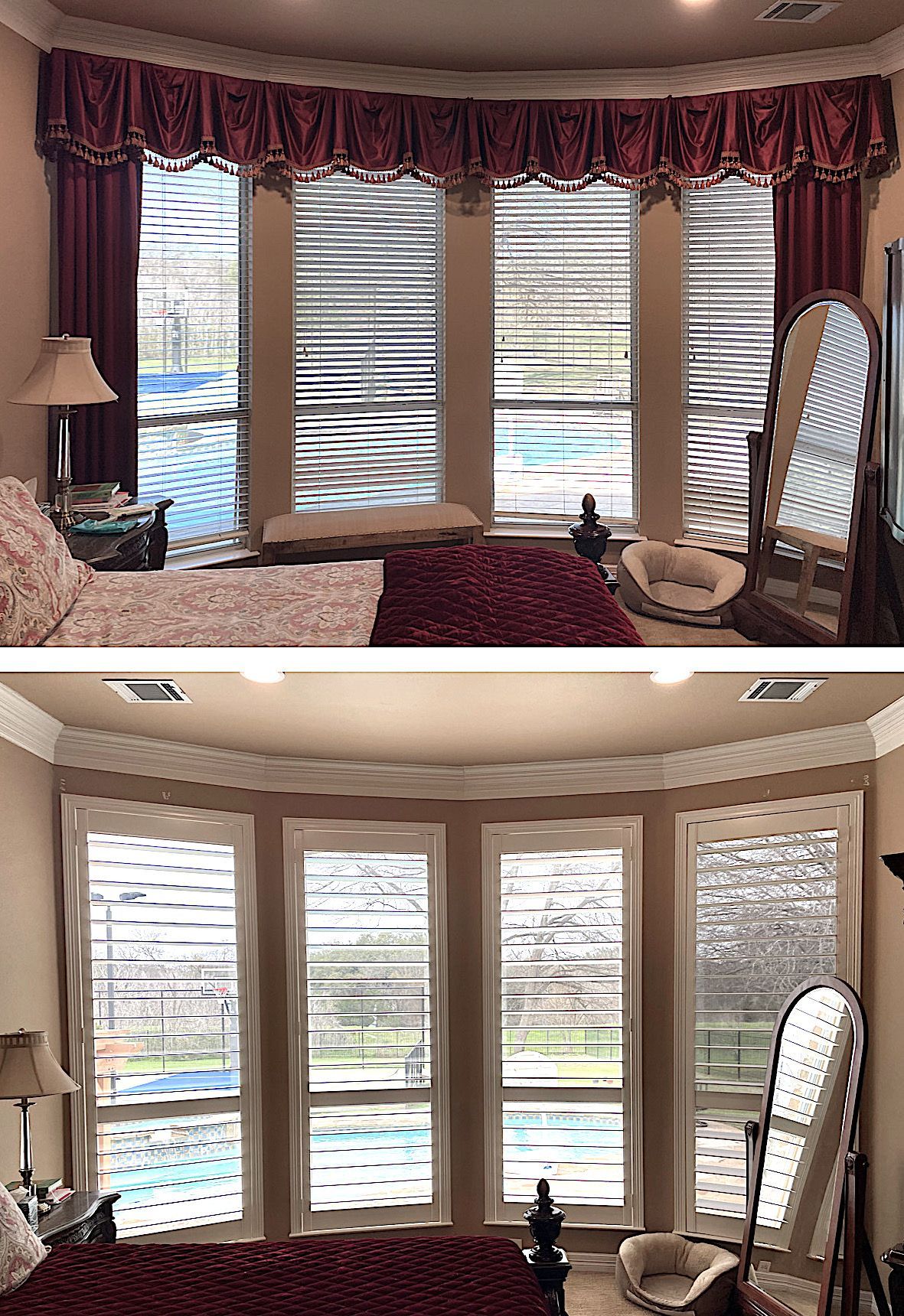 Living room bay window plantation shutters in Austin home