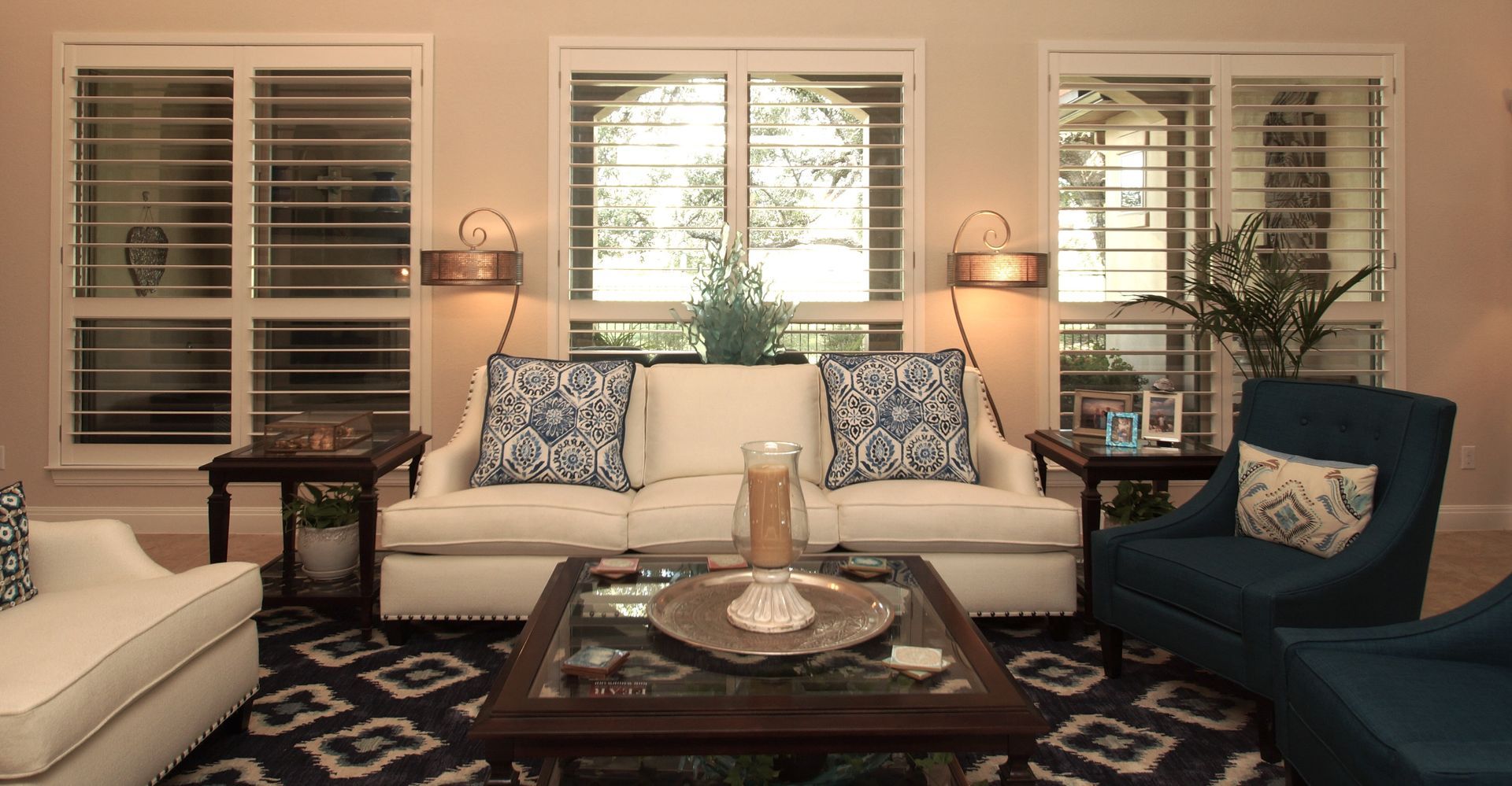 White plantation blinds in living room in Cedar Park, TX home