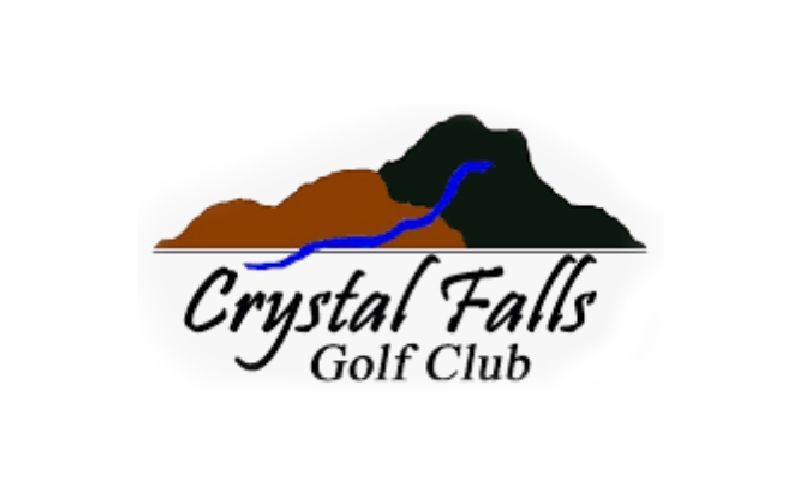 The logo for crystal falls golf club shows a mountain and a river