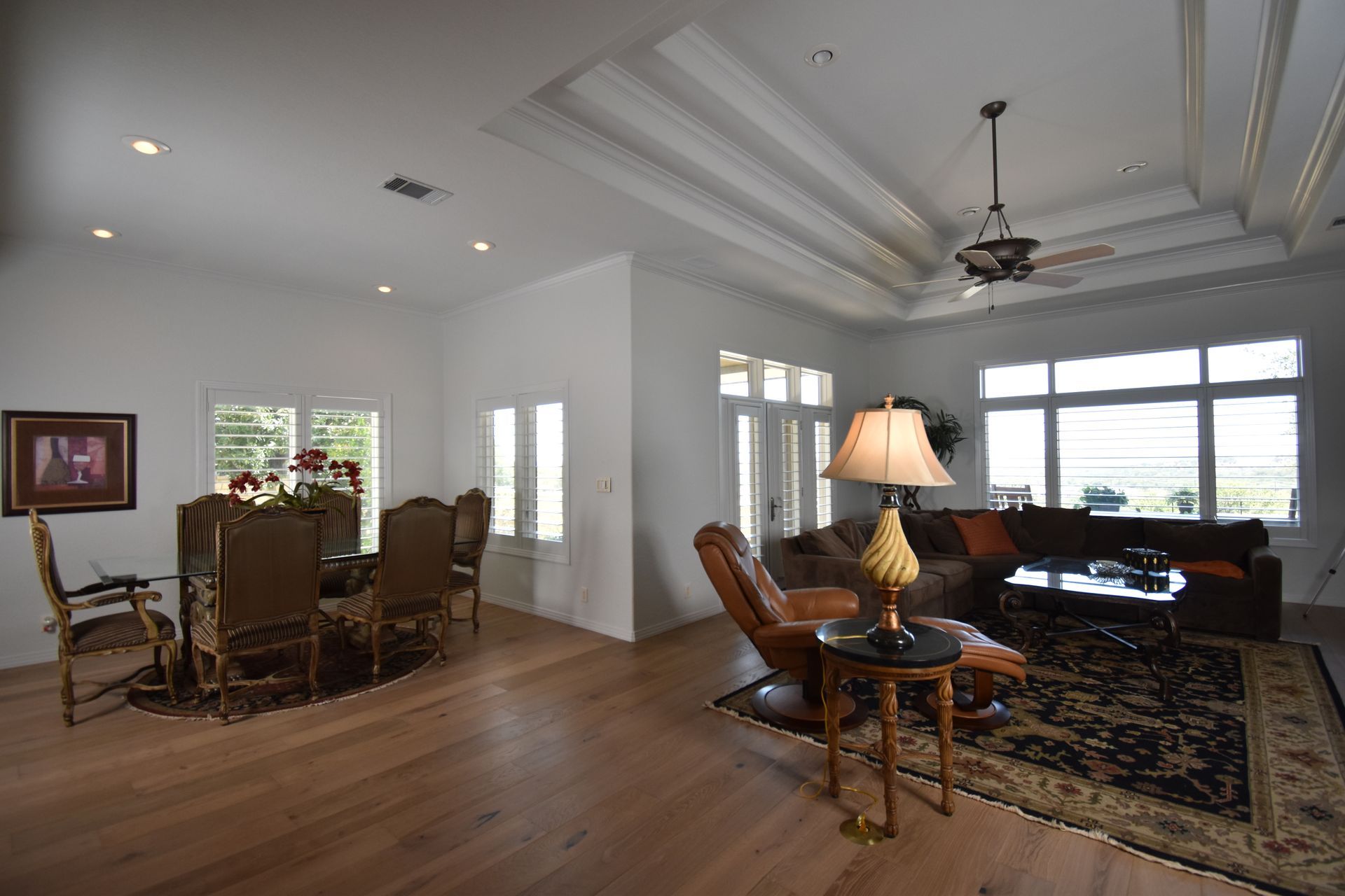 Texas home white plantation shutters in living room