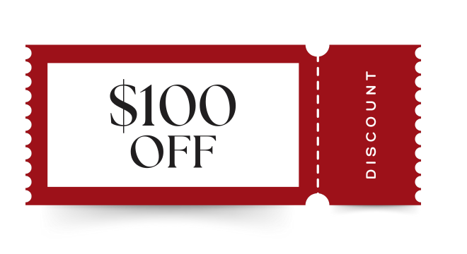 A red ticket that says $ 100 off on it