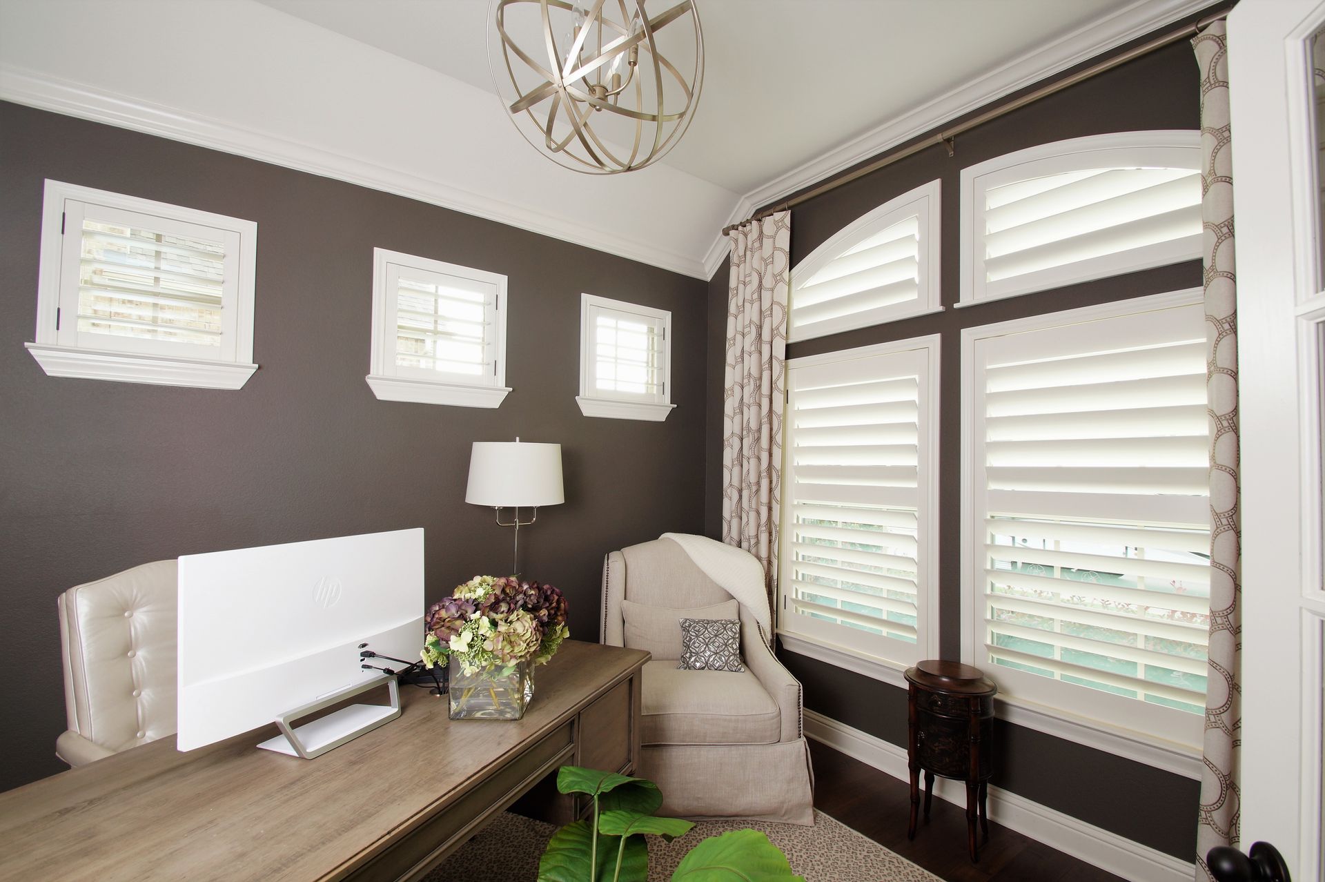 White Eyebrow Wooden Shutters in a South Austin Home Office