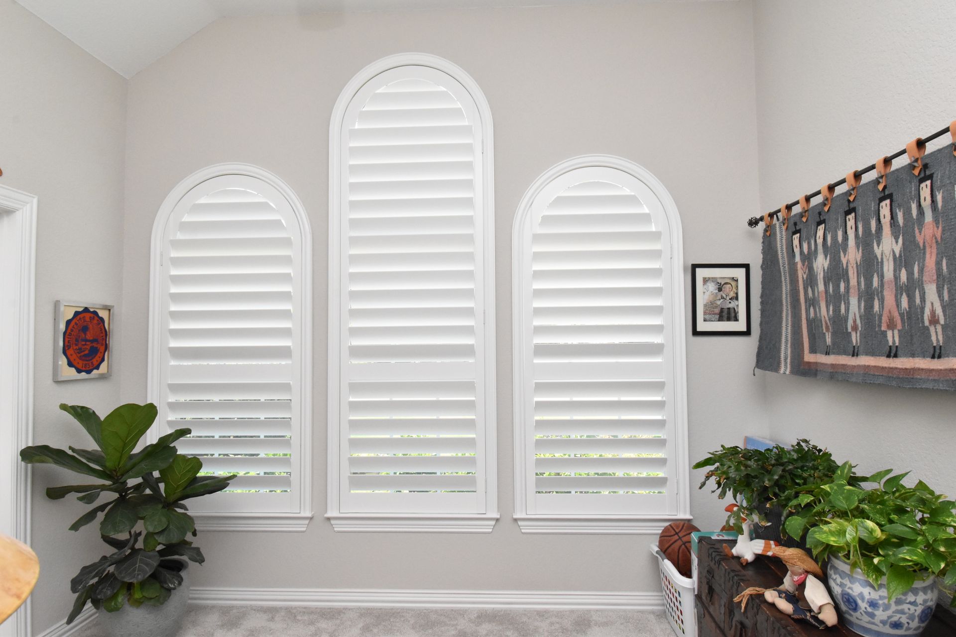 White plantation blinds in living room