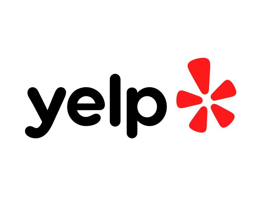 A yelp logo with a red star on a white background.