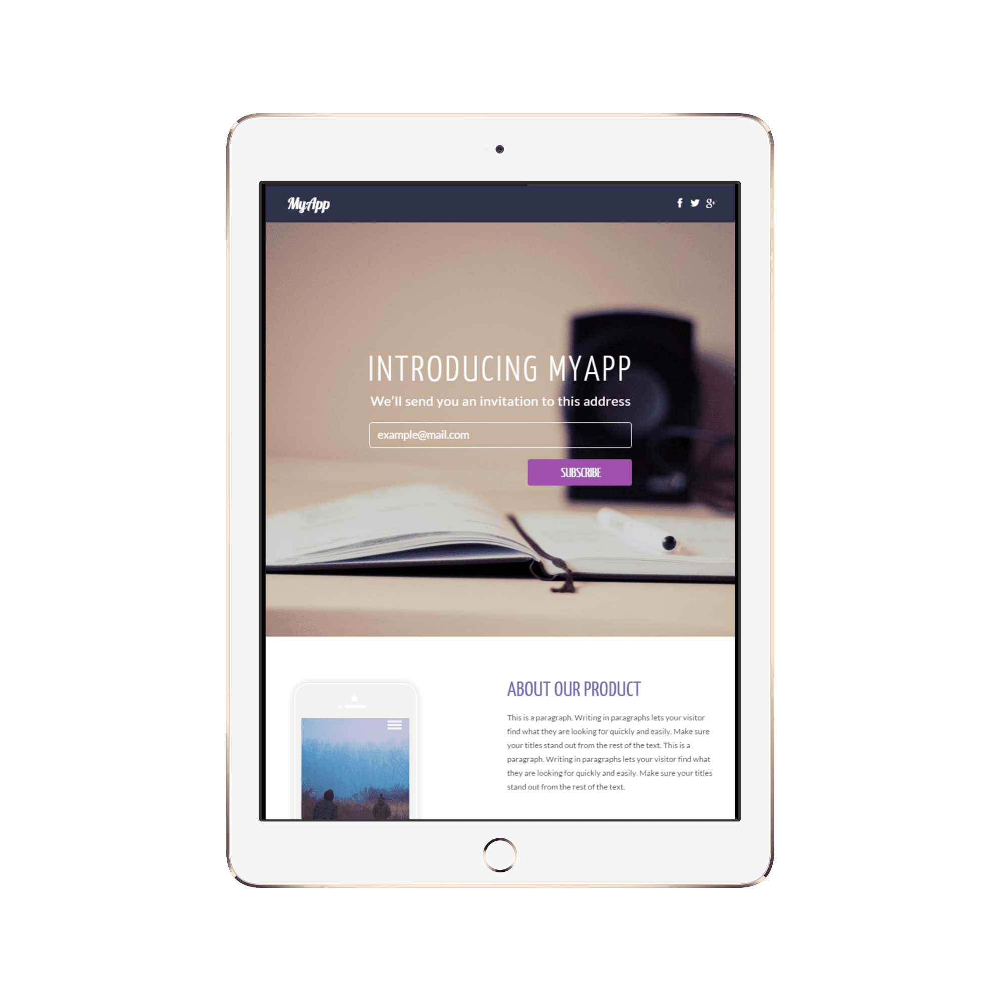 Intro Landing Page Template Tablet/iPad View