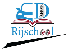Logo voor Rijschool, een rijschool, met een auto, boek, banden en de letters 