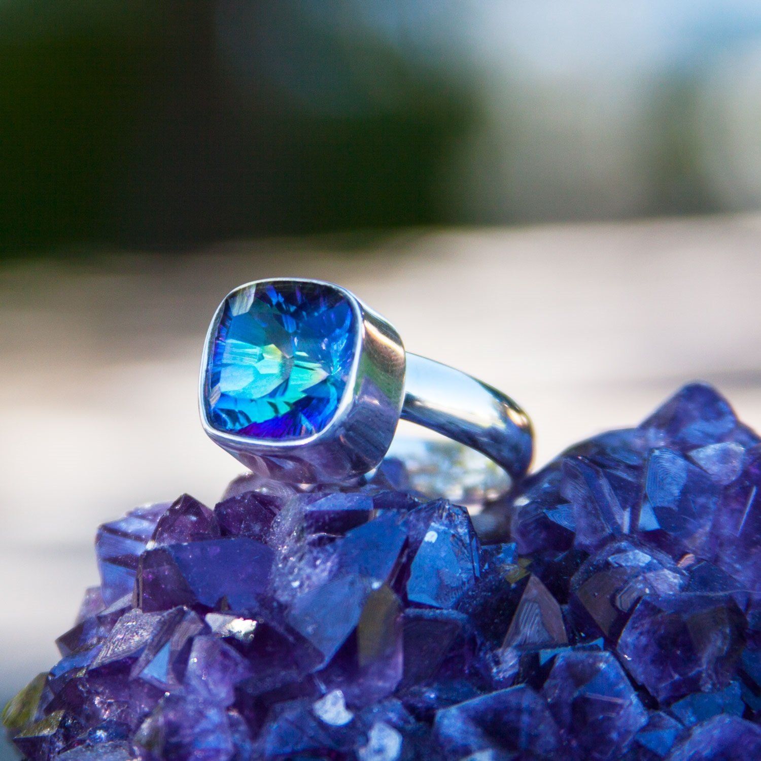 Blue gemstone in sterling silver setting