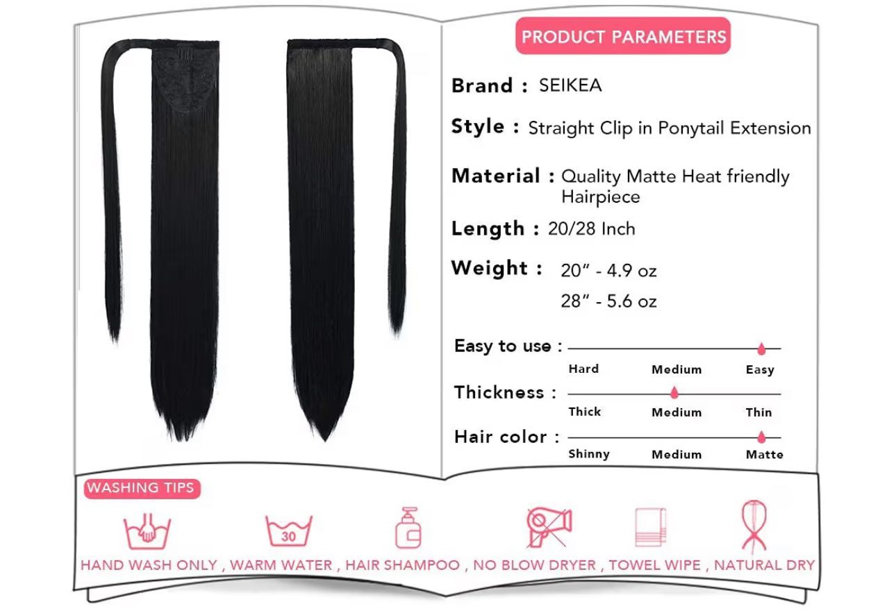 CLIP IN PONYTAIL EXTENSION WRAP AROUND LONG STRAIGHT TAIL HAIR 28 INCH (SYNTHETIC)