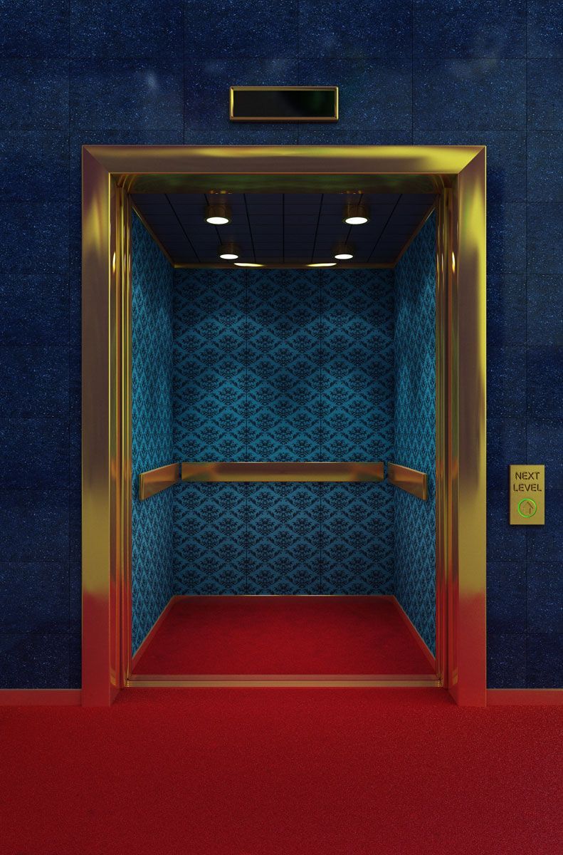 A blue and gold elevator with a red carpet on the floor.