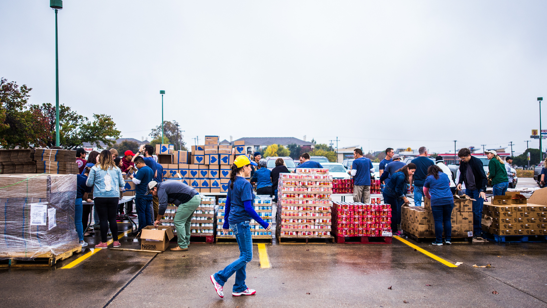 Volunteers sort food donations on a wet parking lot. Boxes and pallets of canned goods are organized in rows.