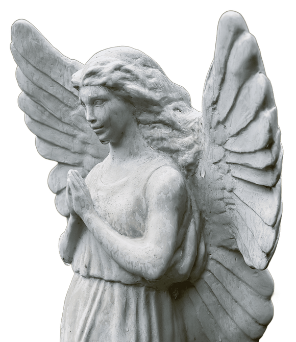 A statue of a woman with angel wings praying