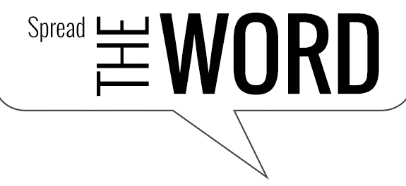 A black and white logo for spread the word with a speech bubble.