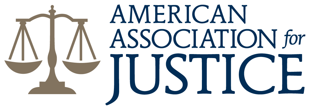 A logo for the american association for justice with scales of justice