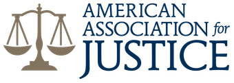 A logo for the american association for justice with scales of justice