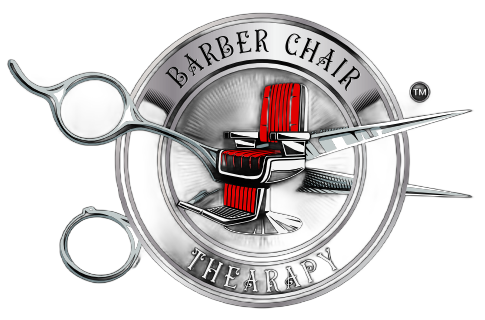 Logo: Barber chair inside silver circle with scissors; red chair, text