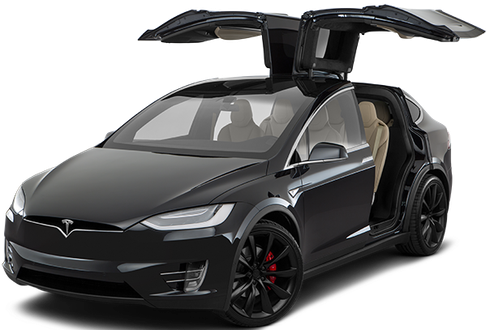 A black tesla model x with its doors open on a white background.