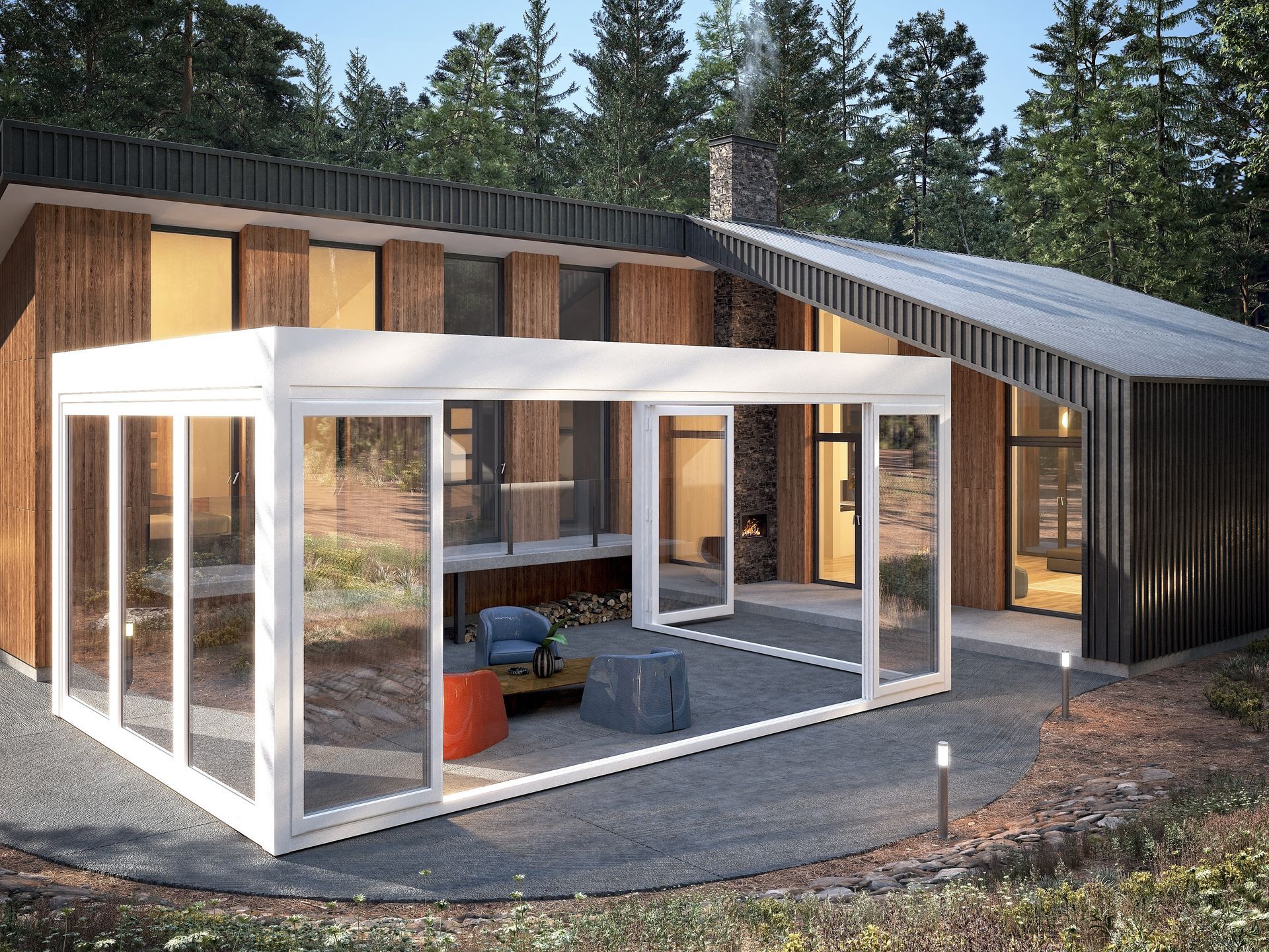 Custom sunroom addition with floor to ceiling glass walls on a modern home.